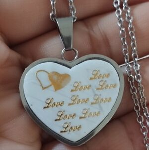 Necklace HEART mother of pearl stone LOVE ,LOVE,LOVE STAINLESS STEEL